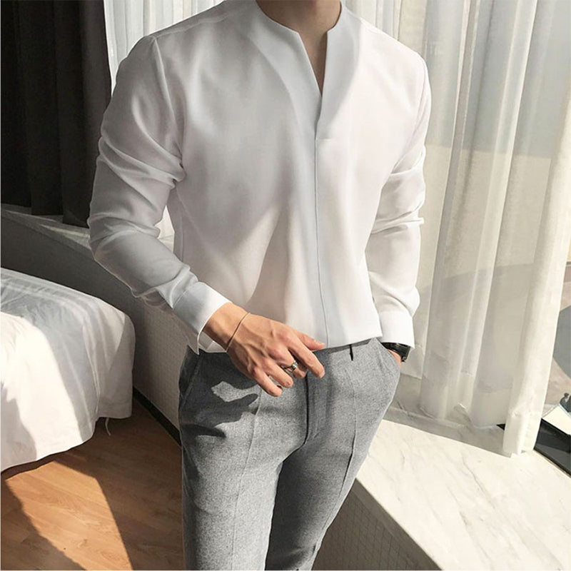 Camicia casual da uomo a maniche lunghe con scollo a V tinta unita