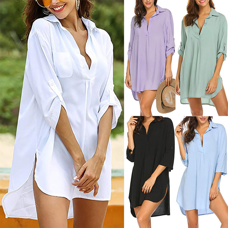 Camicia per la protezione solare da spiaggia con scollo a V